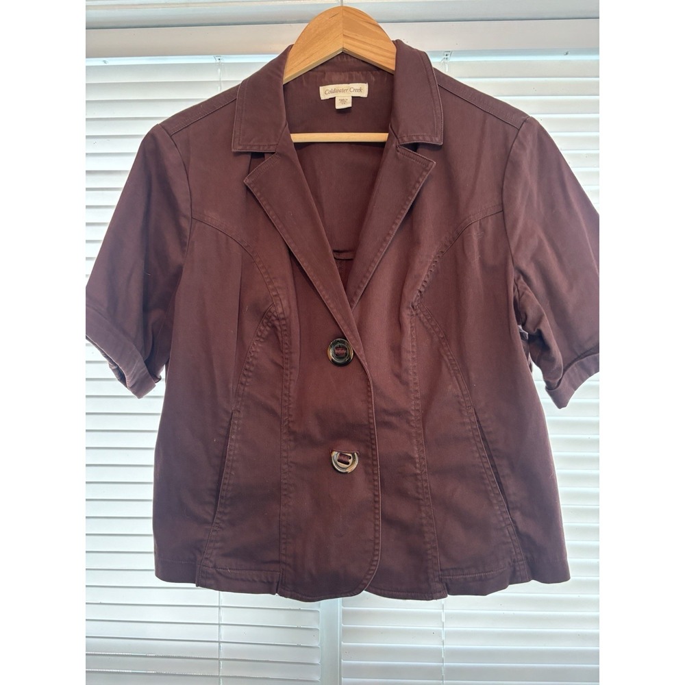 Coldwater Creek Sz 14 Dark Brown Cotton Short Sleeve 2 Button Blazer Jacket
